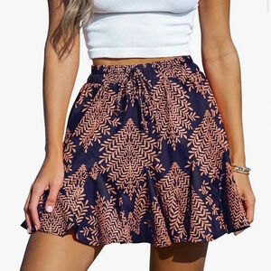 CUPSHE Women Geo Print Drawstring Skirt Ruffled Hem A-line Mini Size Small Navy